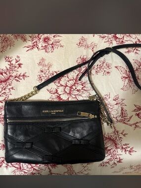 Karl Lagerfeld Black Leather Crossbody with Gold Hardware